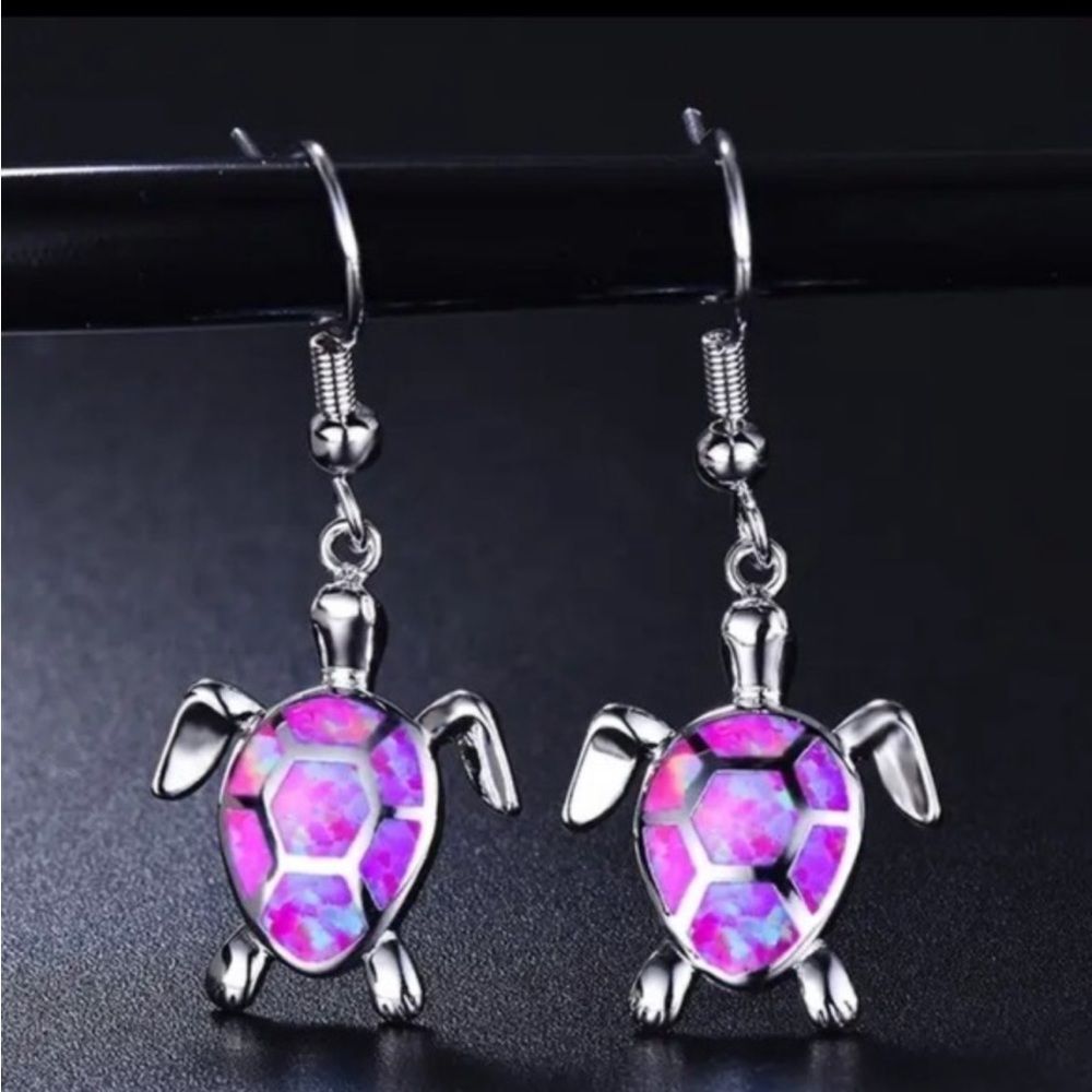 Purple Opal Cz Turtle White Gold Plated Dangle Earrings New In Gift Box